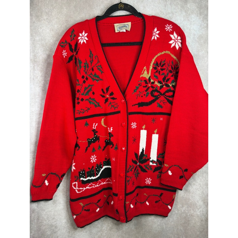 VTG 90s Sasson Cardigan Sweater Women Large Red Holiday Reindeer Star Buttons